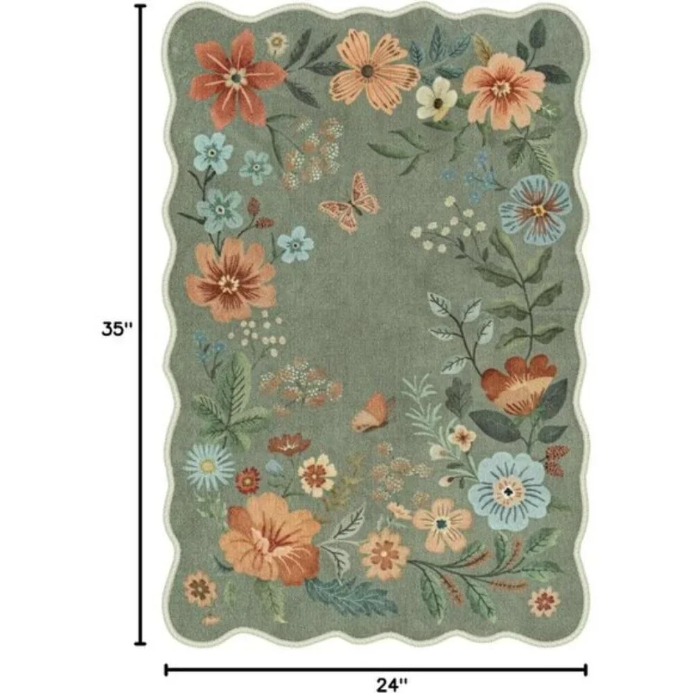 New 2x3 Floral Entryway Mat, Washable Ultra-Thin Non-Slip Area Rug - Green